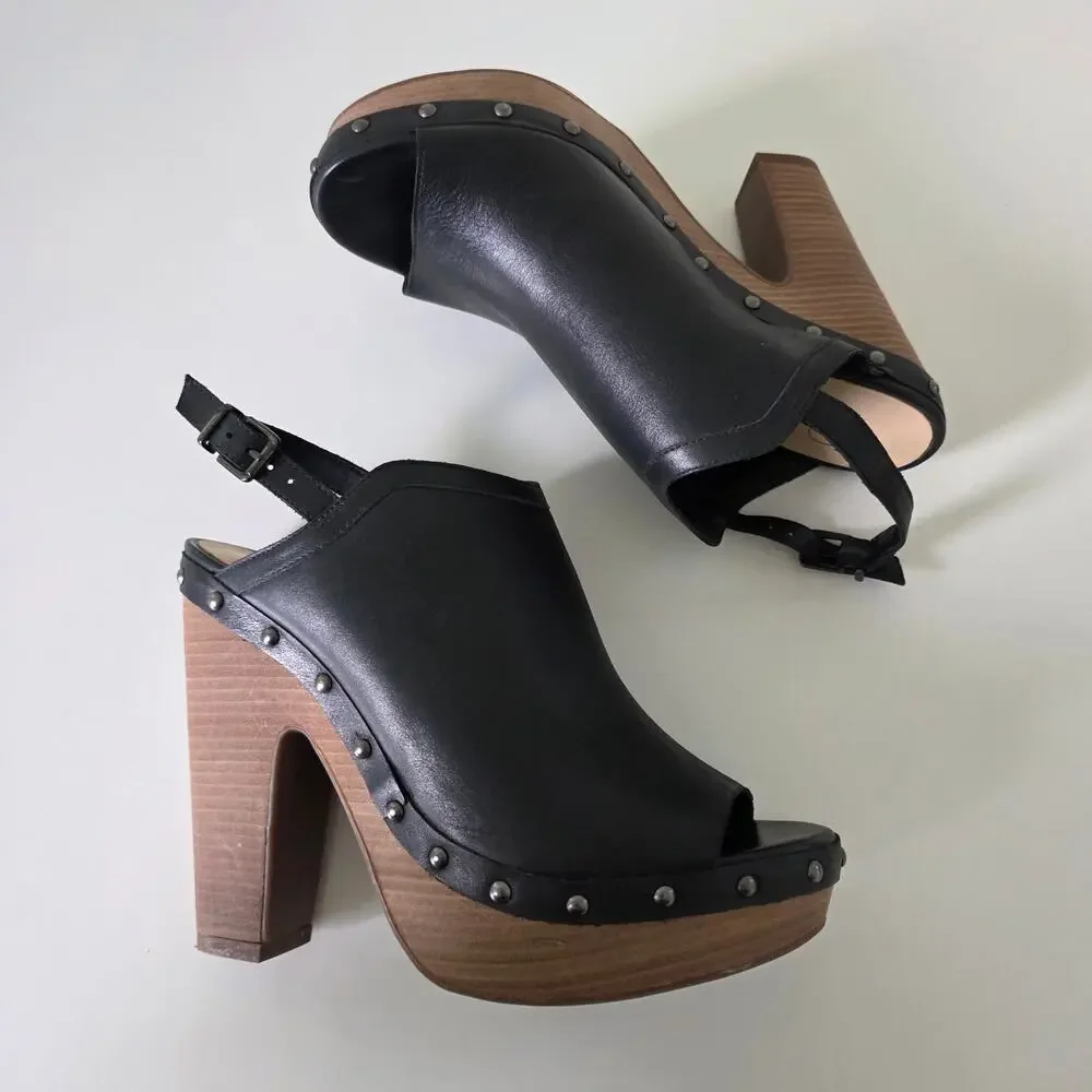 Jessica Simpson Black Leather Platform Heels Peep Toe Clog Sandals Women 7.5M